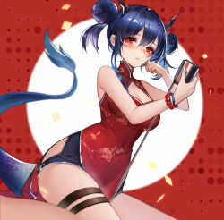 Rule 34 | 1girl, arknights, bare arms, bare shoulders, bead bracelet, beads, bike shorts, black shorts, blue hair, blush, bracelet, breasts, ch&#039;en (ageless afterglow) (arknights), ch&#039;en (arknights), china dress, chinese clothes, chinese commentary, circle, cleavage, cleavage cutout, clothing cutout, commentary request, double bun, dress, feet out of frame, hair between eyes, hair bun, hands up, hip vent, holding, horns, jewelry, large breasts, looking at viewer, official alternate costume, red background, red dress, red eyes, short hair, short shorts, shorts, sidelocks, sitting, sleeveless, sleeveless dress, solo, tail, thigh strap, thighs, tuzhate, twintails