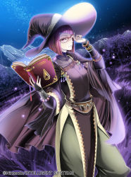 Rule 34 | 1girl, adjusting eyewear, book, bridal gauntlets, brown eyes, cape, company connection, copyright name, detached sleeves, field, fire emblem, fire emblem awakening, fire emblem cipher, glasses, hair ornament, hat, holding, looking at viewer, miriel (fire emblem), night, nintendo, pants, red hair, short hair, solo, toyota saori, witch hat