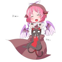 Rule 34 | 1girl, animal, animal ears, bird wings, blush, bow, cat, closed eyes, earrings, fang, fish, hat, holding, holding animal, ini (inunabe00), ini phm, jewelry, kaenbyou rin, kaenbyou rin (cat), long sleeves, multiple tails, mystia lorelei, open mouth, pink hair, puffy sleeves, shirt, short hair, simple background, single earring, skirt, skirt set, smile, tail, text focus, touhou, vest, white background, wings