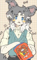 Rule 34 | 1girl, animal ears, aqua vest, bag, black pants, blue eyes, brown background, closed mouth, collared shirt, colored tips, dog ears, dog girl, dog tail, dog treat, eating, food, food on face, grey hair, grid background, hands up, highres, holding, holding bag, kagaya (oshiriudon), licking lips, long hair, looking at viewer, multicolored hair, original, pants, shirt, solo, standing, tail, tongue, tongue out, upper body, white hair