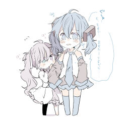 Rule 34 | 25-ji miku, 2girls, ahoge, alternate hairstyle, arms at sides, asymmetrical legwear, bare shoulders, black skirt, black sleeves, black thighhighs, blue eyes, blue hair, blue necktie, blue thighhighs, blush stickers, chibi, collared shirt, crying, crying with eyes open, detached sleeves, dress, green eyes, grey hair, hair between eyes, hair ornament, hatsune miku, heterochromia, highres, long dress, long hair, long sleeves, miniskirt, multiple girls, necktie, open mouth, pleated skirt, project sekai, purple eyes, raised eyebrows, shirt, short twintails, sidelocks, simple background, single thighhigh, skirt, sleeveless, sleeveless shirt, sweatdrop, tears, thighhighs, translation request, twintails, vocaloid, white background, white dress, white shirt, xxxx saki