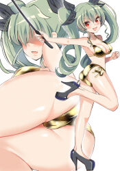 Rule 34 | 1girl, :d, anchovy (girls und panzer), ass, ass focus, bikini, blaze (blazeillust), blush, bow, breasts, cameltoe, drill hair, embarrassed, full body, girls und panzer, gold bikini, green hair, hair bow, high heels, highres, holding, holding pointer, long hair, lying, medium breasts, multiple views, on side, open mouth, outstretched arm, pointer, red eyes, side-tie bikini bottom, smile, standing, standing on one leg, swimsuit, twin drills, twintails, very long hair, wide hips