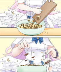 Rule 34 | 1girl, angel wings, blue archive, blurry, bowl, c/h, cake, commentary, cutting board, depth of field, english commentary, feathered wings, food, highres, long hair, mika (blue archive), out of frame, pink hair, school uniform, scrunchie, solo, swiss roll, tea leaves, white wings, wings, wrist scrunchie
