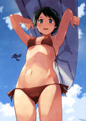 Rule 34 | 1girl, aircraft, aircraft request, airplane, bad id, bad pixiv id, banned artist, bikini, black eyes, black hair, blue sky, breasts, cloud, cowboy shot, day, from behind, from below, kantai collection, looking at viewer, makio (makiomeigenbot), mogami (kancolle), outdoors, red bikini, short hair, sky, small breasts, solo, surfboard, swimsuit