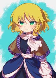 Rule 34 | 1girl, arm warmers, blonde hair, blue background, cowboy shot, e sdss, green eyes, highres, light smile, looking at viewer, medium hair, mizuhashi parsee, pointy ears, scarf, simple background, skirt, solo, touhou, white scarf