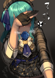 Rule 34 | 1girl, absurdres, ascot, beret, blue hair, buttons, condom, condom in mouth, condom wrapper, covering face, covering own eyes, gloves, hair ribbon, hat, heart, highres, hololive, hoshimachi suisei, hoshimachi suisei (1st costume), midnight (midnightstream3), mouth hold, partially fingerless gloves, plaid, plaid headwear, plaid shirt, plaid skirt, ribbon, saliva, shirt, side ponytail, simple background, skirt, solo, spoken heart, sweat, virtual youtuber
