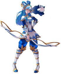 Rule 34 | 1girl, absurdres, armored boots, blue hair, blue pants, boots, bow (weapon), breasts, caca (1zz1), full body, grey background, highres, holding, holding bow (weapon), holding weapon, kindred (league of legends), knee boots, lamb (league of legends), league of legends, long hair, looking at viewer, medium breasts, official alternate costume, open mouth, pants, pointy ears, porcelain kindred, simple background, standing, weapon, wolf (league of legends), yellow eyes