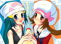 Rule 34 | 00s, 1990s (style), 2girls, bad id, bad pixiv id, beanie, blue eyes, blue hair, blush, brown eyes, brown hair, cabbie hat, creatures (company), dawn (pokemon), french nails, game freak, hat, lyra (pokemon), multiple girls, muraon (pixiv), nintendo, pokemon, pokemon gsc, pokemon hgss, retro artstyle, sexually suggestive, twintails