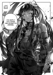 Rule 34 | 1boy, absurdres, armor, blood, blood on clothes, blood on face, english text, facing viewer, greyscale, head rest, high ponytail, highres, lilia vanrouge, long hair, long sleeves, looking to the side, male focus, monochrome, pants, parted lips, pointy ears, solo, speech bubble, teeth, twisted wonderland, white background, yaoyaobae