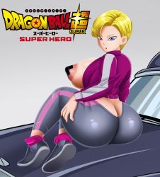 Rule 34 | 1girl, absurdres, alternate ass size, alternate body size, alternate breast size, android 18, ass, blonde hair, blue eyes, breasts, breasts out, butt crack, cleavage, copyright name, curvy, doompypomp, dragon ball, dragon ball super, dragon ball super super hero, full body, gradient background, grey background, grey pants, highres, huge ass, huge breasts, jacket, large breasts, looking at viewer, looking back, pants, pasties, pink socks, purple eyes, shiny skin, simple background, socks, sweat, tape, tape on nipples, track jacket