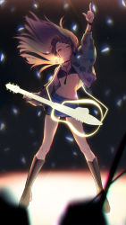 Rule 34 | 1girl, absurdres, arm up, black bra, blue skirt, blurry, blurry background, blurry foreground, boots, bra, breasts, brown footwear, brown hair, cardigan, cross-laced footwear, denim, denim skirt, floating hair, full body, highres, holding, holding instrument, index finger raised, instrument, knee boots, lace-up boots, long hair, long sleeves, looking at viewer, medium breasts, miniskirt, open cardigan, open clothes, original, pencil skirt, red eyes, skirt, solo, stage, standing, sylvia (huajiuhuajiu), underboob, underwear