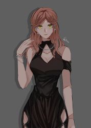 Rule 34 | 1girl, bare shoulders, black dress, breasts, brown hair, cleavage, closed mouth, dress, green eyes, grey background, hair ornament, highres, long hair, looking at viewer, qeanoya, rosa (tears of themis), simple background, sleeveless, sleeveless dress, smile, solo, tears of themis