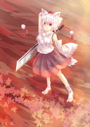 Rule 34 | 1girl, absurdres, animal ears, autumn leaves, bare shoulders, breasts, character name, full body, geta, hankon, hat, highres, inubashiri momiji, leaf, looking at viewer, looking up, medium breasts, open mouth, pom pom (clothes), red eyes, short hair, silver hair, solo, sword, tail, tokin hat, touhou, weapon, wolf ears, wolf tail
