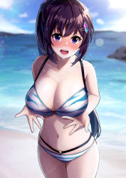 Rule 34 | 1girl, absurdres, beach, bikini, blue bikini, blue sky, blurry, blurry background, blush, breast hold, breasts, cleavage, cloud, collarbone, commentary request, cowboy shot, day, depth of field, hair ornament, hairclip, highres, karaage bou, large breasts, legs together, long hair, navel, o-ring, o-ring bikini, open mouth, original, outdoors, ponytail, purple eyes, purple hair, sky, solo, standing, stomach, swimsuit, teeth, two-tone bikini, upper teeth only, water, white bikini