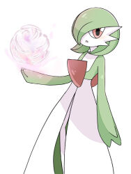 Rule 34 | 1girl, arm at side, aura, blush, bob cut, colored skin, creatures (company), female focus, flat chest, game freak, gardevoir, gen 3 pokemon, green hair, green skin, hair over one eye, hand up, highres, looking at viewer, magic, multicolored skin, nintendo, one eye covered, open mouth, pokemon, pokemon (creature), red eyes, short hair, simple background, solo, standing, suzu (pixiv 32232702), two-tone skin, white background, white skin