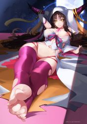 Rule 34 | 1girl, absurdres, arm behind head, artist name, babydoll, bare shoulders, black hair, breasts, breasts apart, cleavage, dated, detached sleeves, einess, facial mark, fate/grand order, fate (series), feet, forehead mark, foreshortening, full moon, highres, horn ornament, horns, large breasts, long hair, looking at viewer, lying, moon, navel, on back, panties, parted bangs, parted lips, purple ribbon, purple thighhighs, red panties, ribbon, sessyoin kiara, smile, solo, thighhighs, toeless legwear, toes, torn clothes, torn thighhighs, underwear, very long hair, white sleeves, wide sleeves, yellow eyes