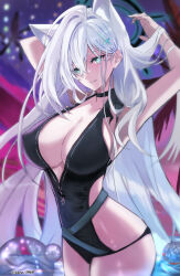 Rule 34 | 1girl, animal ear fluff, animal ears, armpits, arms behind head, arms up, bare shoulders, black one-piece swimsuit, blue archive, blue eyes, blush, breasts, broken halo, choker, cleavage, collarbone, cross hair ornament, extra ears, grey hair, hair ornament, halo, kaji zarame, large breasts, long hair, looking at viewer, one-piece swimsuit, shiroko (blue archive), shiroko terror (blue archive), sidelocks, smile, solo, swimsuit, wolf ears