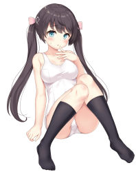 Rule 34 | 1girl, :o, azur lane, bare shoulders, black hair, black socks, blue eyes, blush, bow, breasts, collarbone, commentary request, full body, glasgow (azur lane), hair between eyes, hair bow, highres, kneehighs, knees together feet apart, long hair, looking at viewer, medium breasts, one-piece swimsuit, pink bow, school swimsuit, sidelocks, simple background, sitting, socks, solo, sweat, swimsuit, twintails, white background, white one-piece swimsuit, yamasan