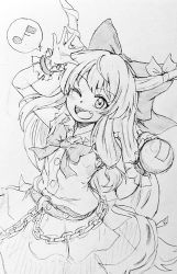 Rule 34 | 1girl, belt, bow, buttons, chain, commentary request, d-m (dii emu), fang, gourd, greyscale, hair bow, horns, ibuki suika, long hair, monochrome, musical note, one eye closed, oni horns, shirt, skirt, sleeveless, sleeveless shirt, spoken musical note, touhou, traditional media
