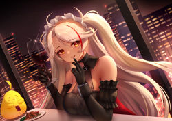 Rule 34 | 1girl, absurdres, azur lane, black dress, building, champagne flute, cityscape, commentary, cup, detached sleeves, dress, drinking glass, elbow gloves, food, gloves, grin, halter dress, halterneck, highres, indoors, long hair, looking at viewer, maid headdress, manjuu (azur lane), multicolored hair, night, prinz eugen (azur lane), prinz eugen (kindred evening spirits) (azur lane), red hair, red lips, sakurahuji-iro, sitting, skyscraper, smile, solo, steak, streaked hair, swept bangs, table, two side up, very long hair, white hair, window, wine glass, yellow eyes