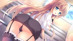 Rule 34 | 1girl, ass, black panties, black skirt, black thighhighs, blouse, blue eyes, blue sky, blush, book, breasts, brown hair, cameltoe, cloud, cloudy sky, cowboy shot, day, dress shirt, evemoina, frilled shirt, frilled thighhighs, frills, from behind, from below, game cg, garter straps, half updo, hands up, highres, holding, holding book, ibu moina, indoors, large breasts, long hair, long sleeves, looking at viewer, looking back, love love sisters, miniskirt, notebook, open mouth, panties, pantyshot, pencil skirt, shirt, skirt, sky, solo, stairs, standing, teacher, thigh gap, thighhighs, tsurumatsu mizuho, twisted neck, underwear, very long hair, white shirt