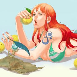Rule 34 | 1girl, bad id, bad pixiv id, bangle, bikini, bikini top only, bracelet, breasts, brown eyes, earrings, feathers, food, fruit, highres, holding, holding food, holding fruit, jewelry, large breasts, log pose, long hair, lying, map, nami (one piece), on stomach, one piece, orange (fruit), orange hair, quill, seishun arinko, solo, swimsuit, tattoo