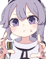 Rule 34 | 1girl, absurdres, black hat, blush, closed mouth, fingernails, grey hair, hat, highres, kame (kamepan44231), long hair, looking at viewer, mononobe no futo, nail polish, one-hour drawing challenge, purple eyes, purple nails, simple background, solo, tate eboshi, touhou, upper body, white background