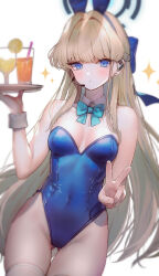 Rule 34 | 1girl, animal ears, bare shoulders, blonde hair, blue archive, blue eyes, blue hairband, blue leotard, blurry, bow, bowtie, breasts, closed mouth, covered navel, cowboy shot, detached collar, earpiece, fake animal ears, gluteal fold, hair bow, hairband, halo, hanato (seonoaiko), hand up, highleg, highleg leotard, highres, leotard, long hair, looking at viewer, medium breasts, multicolored hair, official alternate costume, playboy bunny, rabbit ears, simple background, skindentation, solo, sparkle, strapless, strapless leotard, streaked hair, thigh gap, thighhighs, thighs, toki (blue archive), toki (bunny) (blue archive), tray, v, very long hair, white background, white thighhighs, wrist cuffs