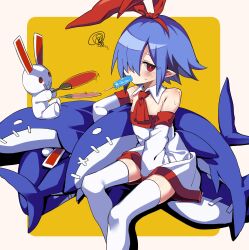 Rule 34 | 1girl, ascot, blue hair, blush, detached collar, detached sleeves, disgaea, dress, fanning, flat chest, food, food in mouth, hairband, hand fan, highres, hot, looking at viewer, manarou, original, paper fan, pleinair, pointy ears, popsicle, popsicle in mouth, red eyes, red hairband, same-san, short hair, solo, stuffed animal, stuffed rabbit, stuffed shark, stuffed toy, sweat, thighhighs, usagi-san, white dress, white thighhighs, zettai ryouiki