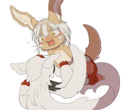 Rule 34 | 2others, @ @, androgynous, bad id, bad twitter id, black fur, blush, breast poke, brown fur, faputa, furry, kawasemi27, long hair, made in abyss, multiple others, nanachi (made in abyss), open mouth, pants, poking, red pants, short hair, simple background, white background, white hair, yellow eyes