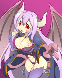 Rule 34 | 1girl, alma elma, breasts, demon girl, demon wings, female focus, highres, horns, large breasts, long hair, mon-musu quest!, pointy ears, purple hair, red eyes, revealing clothes, smile, stomach, tattoo, thong, very long hair, wide hips, wings