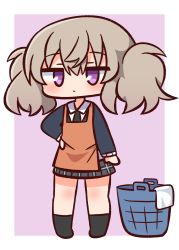 Rule 34 | 1girl, apron, black jacket, black necktie, black socks, blazer, blush, brown apron, brown hair, chibi, closed mouth, collared shirt, commentary request, full body, grey skirt, hair between eyes, hana kazari, hand on own hip, highres, jacket, laundry basket, long sleeves, looking at viewer, necktie, no shoes, pink background, pleated skirt, purple eyes, shirt, skirt, slow loop, socks, solo, standing, twintails, two-tone background, white background, white shirt, yoshinaga koi