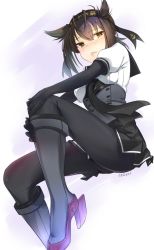 Rule 34 | 10s, 1girl, anchor symbol, black necktie, blush, bodysuit, eyebrows, full body, hair between eyes, hair flaps, hairband, hands on own knees, hatsuzuki (kancolle), high heels, kantai collection, lzd, necktie, pantyhose, parted lips, pleated skirt, puffy short sleeves, puffy sleeves, short sleeves, skirt, solo, thighs, twitter username, yellow eyes