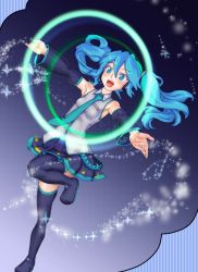 Rule 34 | 1girl, aqua eyes, aqua hair, detached sleeves, hatsune miku, headset, highres, long hair, necktie, open mouth, outstretched arms, ronsu, skirt, solo, spread arms, thighhighs, twintails, vocaloid, zettai ryouiki