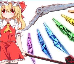Rule 34 | black thighhighs, blonde hair, closed mouth, collared shirt, commentary request, crystal, flandre scarlet, frilled skirt, frills, hat, highres, holding, looking at viewer, puffy short sleeves, puffy sleeves, rankasei, red eyes, red skirt, red vest, shirt, short sleeves, simple background, skirt, solo, thighhighs, touhou, vest, white background, white hat, white shirt, wings, zettai ryouiki