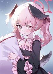 Rule 34 | 1girl, absurdres, ash (cat7evy), black dress, black wings, blue archive, blush, collarbone, dress, frilled sleeves, frills, halo, head wings, highres, holding, holding pillow, koharu (blue archive), long hair, long sleeves, looking at viewer, parted lips, pillow, pink eyes, pink hair, red halo, solo, twintails, upper body, wide sleeves, wings