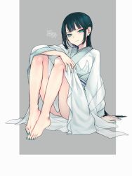 Rule 34 | 1girl, arm support, barefoot, fate/grand order, fate (series), feet, green eyes, green hair, japanese clothes, jing ke (fate), long hair, looking at viewer, toes