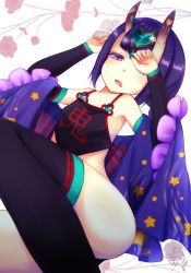 Rule 34 | 1girl, :o, arm warmers, black thighhighs, blunt bangs, breasts, chinese clothes, dudou, fang, fate/grand order, fate (series), floral background, glint, hair ornament, hands up, horns, japanese clothes, looking at viewer, neon trim, oni, open mouth, purple eyes, purple hair, short hair, shuten douji (fate), shuten douji (fate/grand order), shuten douji (halloween caster) (fate), sitting, skin-covered horns, small breasts, smile, solo, thighhighs, tsuyuri (5/7), watermark
