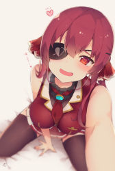 Rule 34 | 1girl, :d, arm support, arrow (projectile), arrow through heart, bed sheet, between legs, blush, breasts, brown thighhighs, commentary request, eyepatch, grey background, hair between eyes, hair ribbon, hand between legs, heart, heart-shaped pupils, highres, hololive, houshou marine, leotard, leotard under clothes, long hair, looking at viewer, medium breasts, muuran, open mouth, pleated skirt, reaching, reaching towards viewer, red eyes, red hair, red neckwear, red ribbon, red skirt, red vest, ribbon, see-through, see-through leotard, selfie, sidelocks, sitting, skirt, smile, solo, symbol-shaped pupils, thighhighs, vest, virtual youtuber