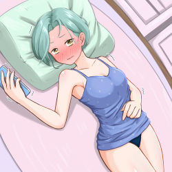 Rule 34 | 1girl, alternate costume, black panties, blue camisole, blush, breasts, camisole, cellphone, collarbone, forehead, full-face blush, green hair, highres, holding, holding phone, kantai collection, lying, mole, mole on neck, on back, panties, phone, pillow, short hair, small breasts, smartphone, solo, sosser, swept bangs, tamanami (kancolle), underwear, yellow eyes