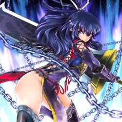 Rule 34 | 1girl, ao no kiseki, armor, black hair, black thighhighs, blue background, blue eyes, breasts, chain, eiyuu densetsu, falcom, gloves, half updo, huge weapon, large breasts, long hair, puspus, rixia mao, smile, solo, sword, tabard, thighhighs, thighs, weapon