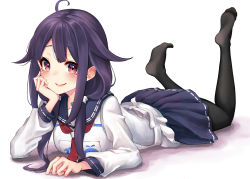 Rule 34 | 1girl, ahoge, animal print, apron, black pantyhose, blue skirt, feet up, fish print, hair flaps, hand on own cheek, hand on own face, head rest, kamidanomi, kantai collection, legs up, long sleeves, low twintails, lying, magatama, miniskirt, no shoes, on stomach, pantyhose, pleated skirt, purple hair, red eyes, school uniform, serafuku, shirt, skirt, solo, taigei (kancolle), the pose, twintails, whale, whale print, white apron, white shirt