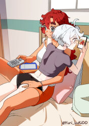 Rule 34 | 2girls, absurdres, artist name, bed, black panties, cellphone, commentary, controller, grey hair, gundam, gundam suisei no majo, highres, messy hair, miorine rembran, multiple girls, orange shorts, panties, phone, pillow, red hair, remote control, short shorts, shorts, smartphone, smile, strap slip, suletta mercury, symbol-only commentary, tank top, thick eyebrows, underwear, wife and wife, yuri, yurisuki00