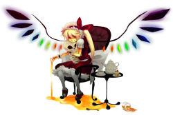 Rule 34 | 1008 (noble), 1girl, bad id, bad pixiv id, blonde hair, female focus, flandre scarlet, hat, honey, mob cap, ponytail, ribbon, short hair, skull, solo, spill, ti (pixiv), touhou, wings
