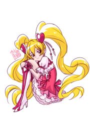 Rule 34 | 00s, 1girl, 2016, blonde hair, boots, bow, closed mouth, cure peach, dated, earrings, fresh precure!, frilled skirt, frills, hair ornament, heart hair ornament, jewelry, knee boots, long hair, maboroshineko, magical girl, momozono love, pink bow, pink eyes, pink footwear, pink skirt, precure, signature, simple background, sitting, skirt, smile, solo, twintails, white background, wrist cuffs