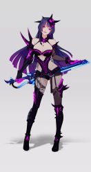 Rule 34 | 1girl, absurdres, asymmetrical legwear, bare shoulders, black eyes, black gloves, black hair, boots, breasts, colomar, full body, garter straps, gauntlets, gloves, high heel boots, high heels, highres, honkai (series), honkai impact 3rd, light smile, long hair, looking at viewer, mask, mask on head, medium breasts, mole, mole on breast, raiden mei, raiden mei (lightning empress), revealing clothes, shadow, single gauntlet, solo, standing, sword, thigh boots, thigh strap, thighhighs, thighhighs under boots, thunder ghost, torn clothes, torn thighhighs, uneven legwear, weapon