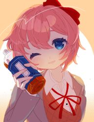 Rule 34 | 1girl, ;), anzen robo (474zz), artist name, blazer, blue eyes, blush, bottle, bow, bowtie, breasts, brown jacket, brown sweater vest, collarbone, commentary, doki doki literature club, dress shirt, drink, eyelashes, gradient background, hair between eyes, hair bow, hair strand, head tilt, highres, holding, holding bottle, holding drink, iced tea, jacket, long sleeves, looking at viewer, medium breasts, neck ribbon, one eye closed, open clothes, open jacket, orange background, parted lips, pink hair, portrait, raised eyebrows, red bow, red bowtie, red ribbon, ribbon, sayori (doki doki literature club), school uniform, shirt, short hair, smile, solo, sweater vest, twitter username, upper body, white shirt