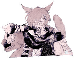 Rule 34 | 1boy, animal ears, black scarf, blush, braid, braided ponytail, brown eyes, brown hair, brown jacket, cat boy, cat ears, cat tail, commentary, cropped torso, dated, facial mark, final fantasy, final fantasy xiv, g&#039;raha tia, hair between eyes, hair ornament, hand on own face, hatching (texture), itowo (itowc), jacket, jewelry, looking at viewer, male focus, miqo&#039;te, monochrome, neck tattoo, open mouth, pendant, scarf, short hair, short ponytail, shoulder belt, signature, simple background, single braid, slit pupils, solo, sweat, swept bangs, tail, tail raised, tattoo, upper body, white background, x hair ornament
