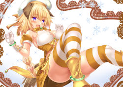 Rule 34 | 1girl, :d, animal ears, anklet, blonde hair, bracelet, braid, breasts, dog ears, dog tail, fate/apocrypha, fate (series), gloves, hat, highres, jeanne d&#039;arc (april magical) (fate), jeanne d&#039;arc (fate), jeanne d&#039;arc (ruler) (fate), jewelry, long hair, looking at viewer, official alternate costume, open mouth, purple eyes, rojiura satsuki: chapter heroine sanctuary, shoes, single braid, smile, snowflakes, solo, striped clothes, striped thighhighs, tail, thighhighs, uchida shou, white gloves, white hat, yellow collar, yellow footwear