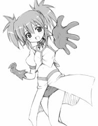 Rule 34 | 00s, 1girl, aoyama reo, blush, choker, dress, edomae lunar, flat chest, gloves, greyscale, midriff, monochrome, outstretched arm, outstretched hand, reaching, seto no hanayome, short twintails, simple background, solo, twintails
